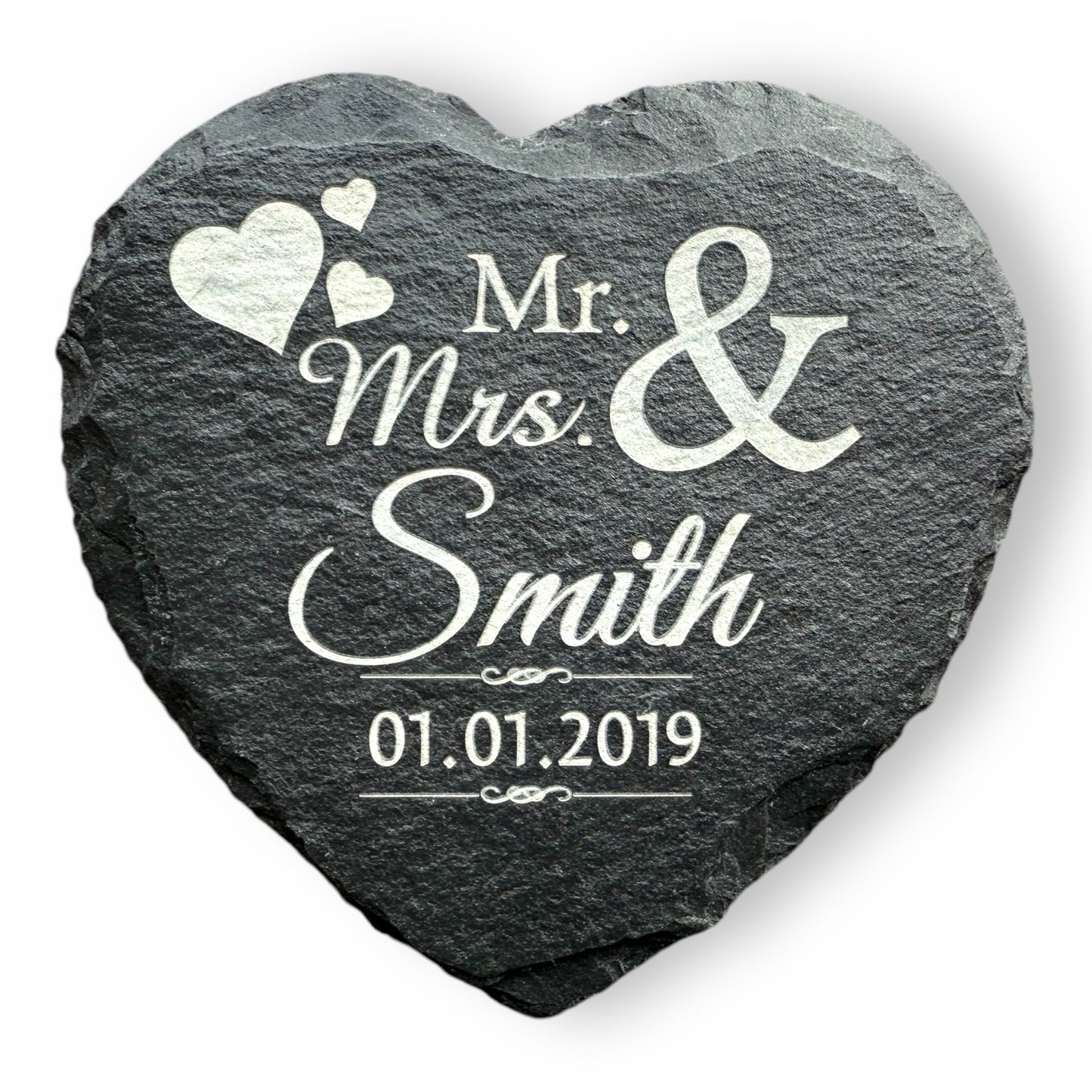Engraved Heart Slate Wedding Coaster, Mr & Mrs with Hearts, Set of 2, Personalised